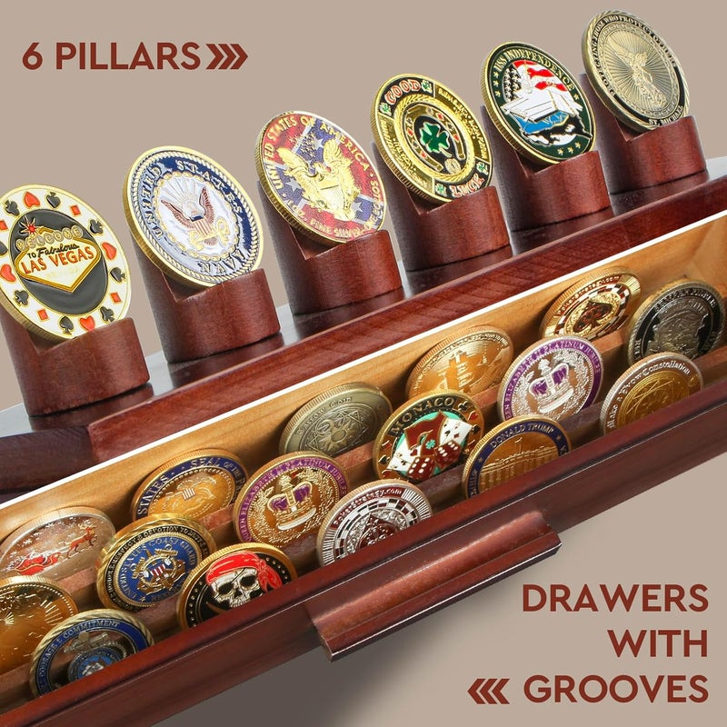 ULTRGEE Challenge Coin Display Case, Military Coin Collection Holder with Wooden Coin Box, Drawers, and Clear Acrylic Lid – Gifts for Coins Collectors (6 Pillars) - Image 3